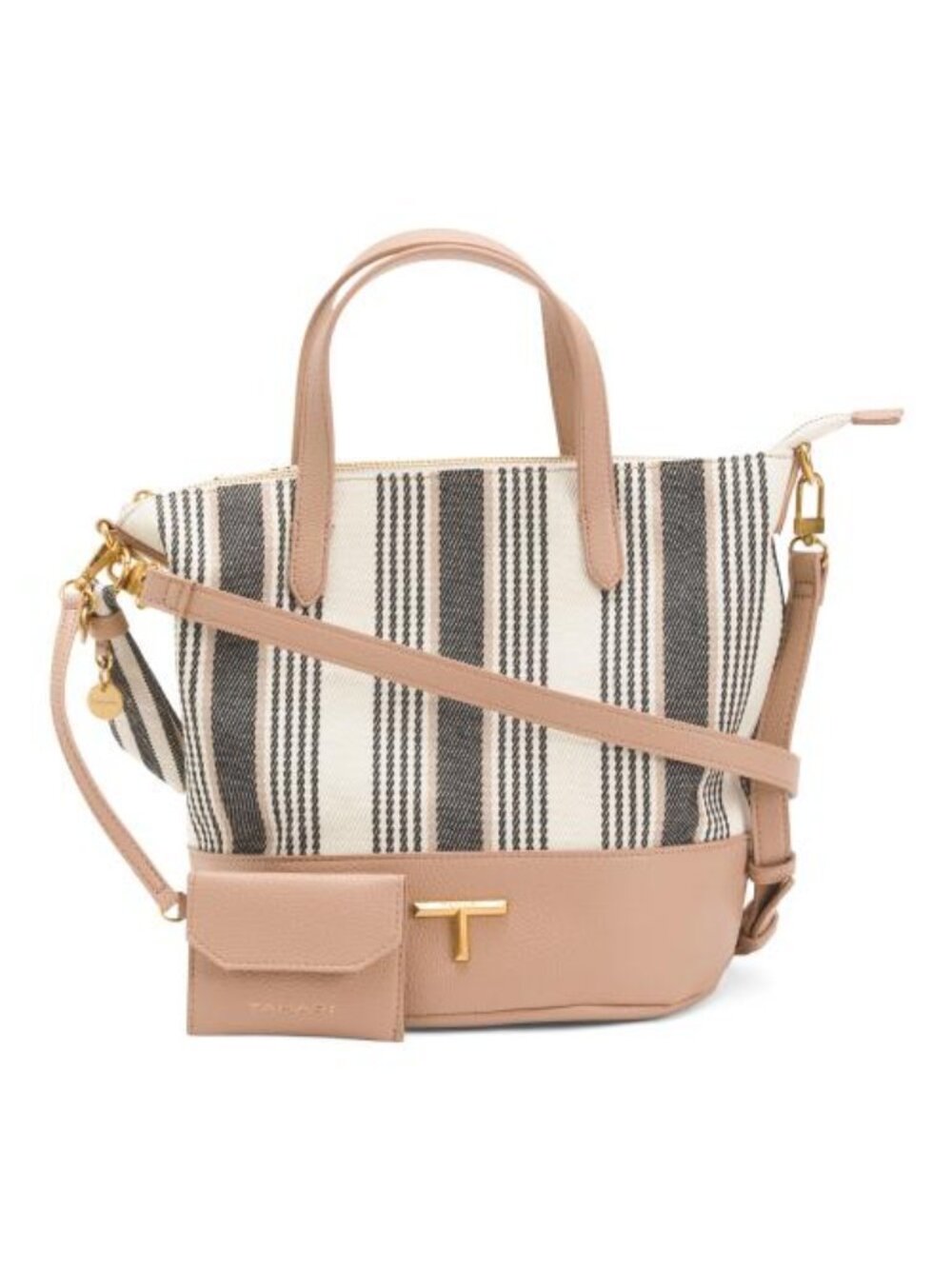 TAHARI Striped Bucket Satchel With Crossbody Strap